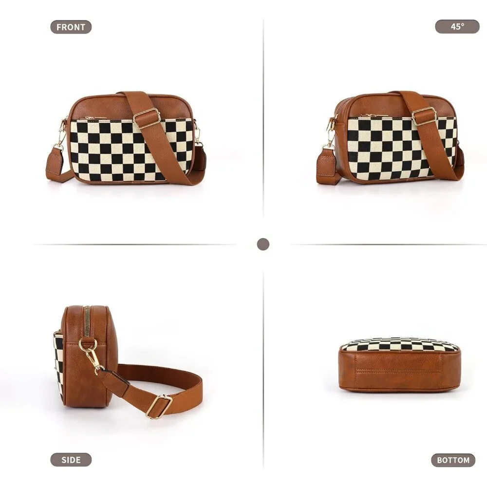Vegan Leather Crossbody Bag Women Embroidered Strap Multiple Pockets